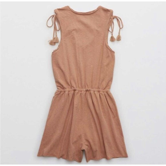 Aerie Ruched Romper Tie Shoulder Knit Jersey Women’s Size XS Boho Festival Rust - Picture 2 of 12